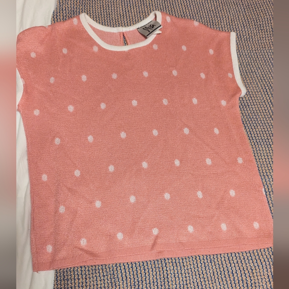 pink and white polka dot knit top